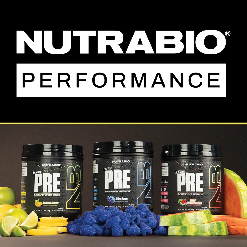 NutraBio STIM-Free PRE-Workout Lemon Burst no-filler claim emphasizes pure performance ingredients.