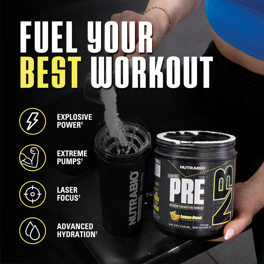 NutraBio STIM-Free PRE-Workout Lemon Burst scoop powder image ready for precise dosing.
