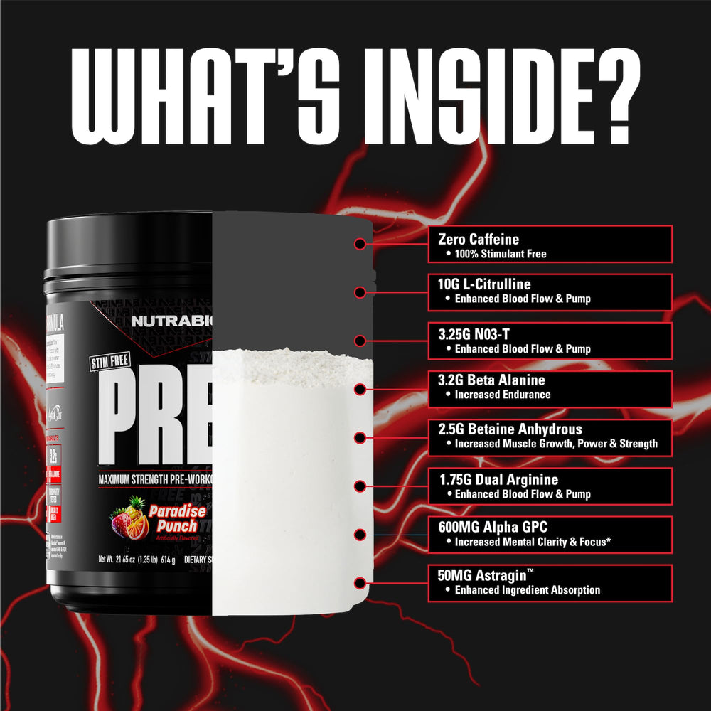 NutraBio Stim-Free Pre-Workout Paradise Punch label shows transparent ingredient list.