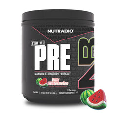 NutraBio STIM-Free PRE Watermelon label shows a clean, transparent formula.