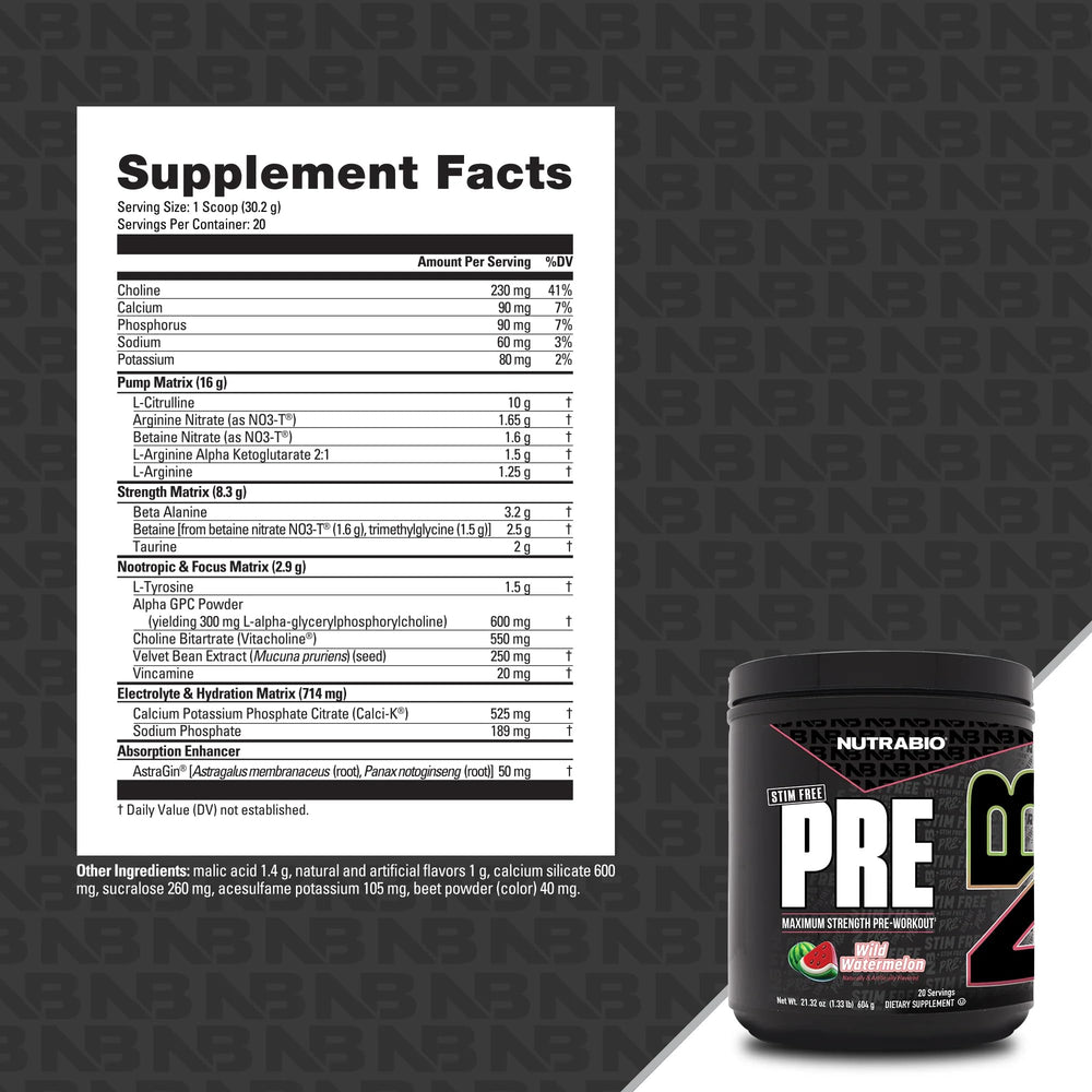 NutraBio STIM-Free PRE Watermelon pumps illustrate elevated blood flow and muscular fullness.