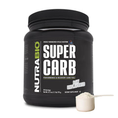 NutraBio Super Carb bottle shows advanced carbohydrate formula for sustained energy.