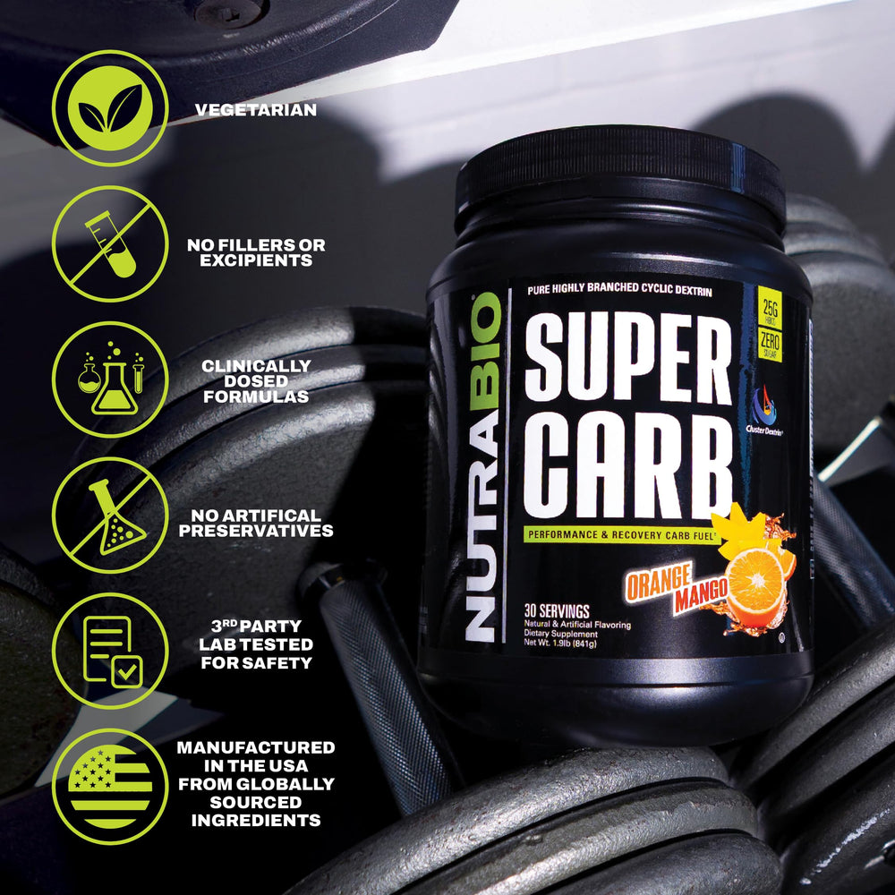 NutraBio Super Carb cluster dextrin powder being poured for a smooth blend