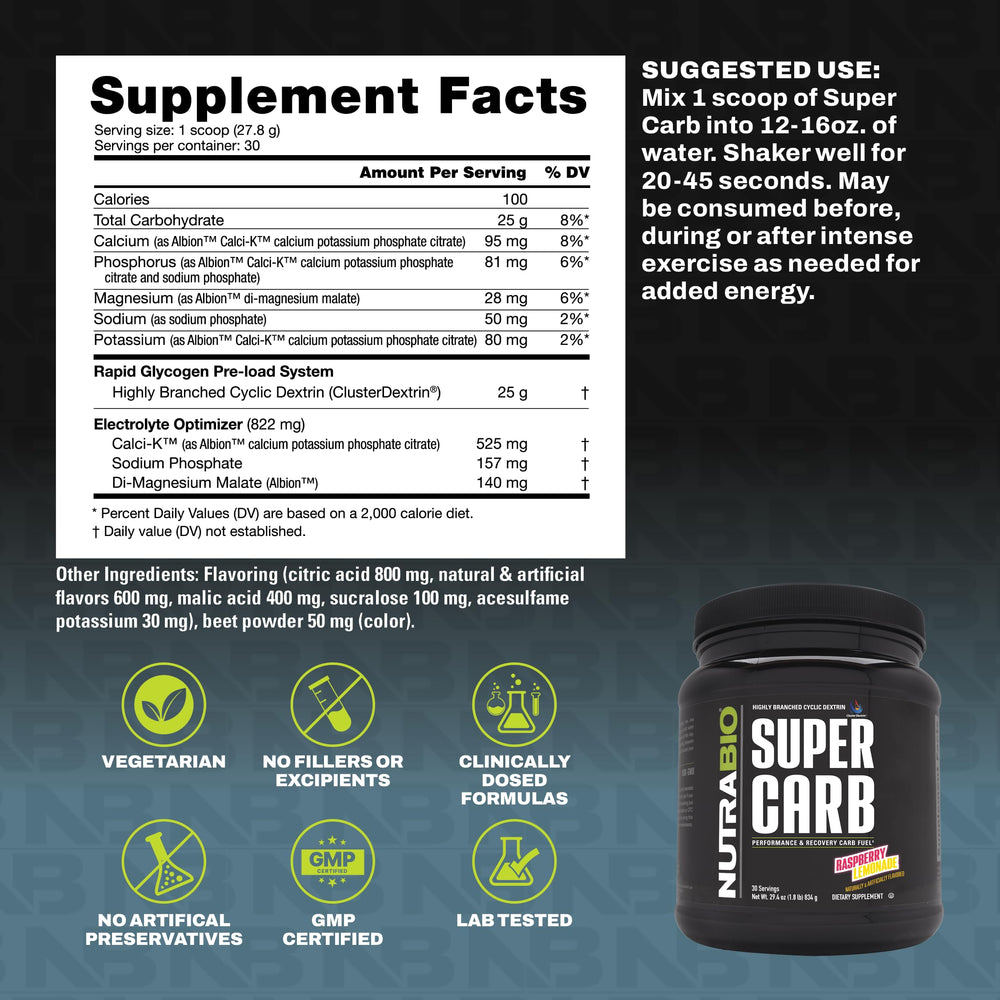NutraBio Super Carb being mixed in water suggests easy hydration and mixability.