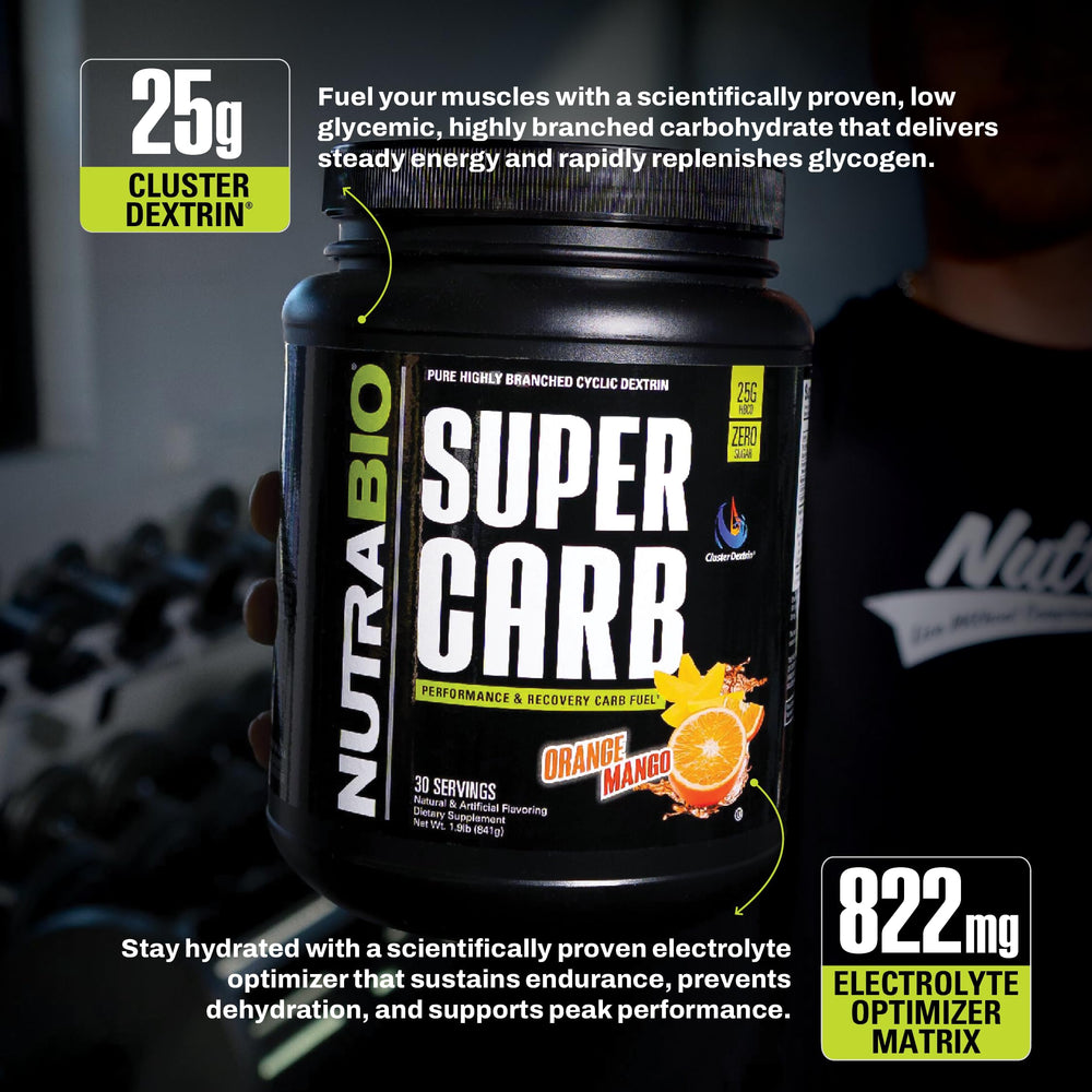 NutraBio Super Carb electrolyte blend visual emphasizing hydration during sessions