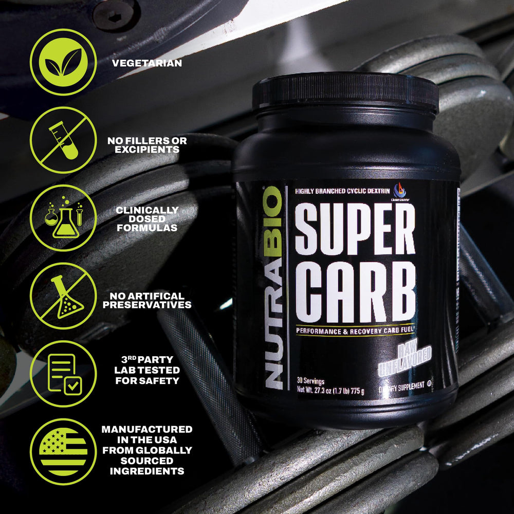 NutraBio Super Carb electrolyte blend visualizes cramp-preventing hydration support.