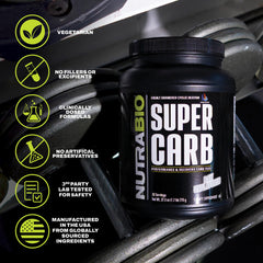 NutraBio Super Carb electrolyte blend visualizes cramp-preventing hydration support.