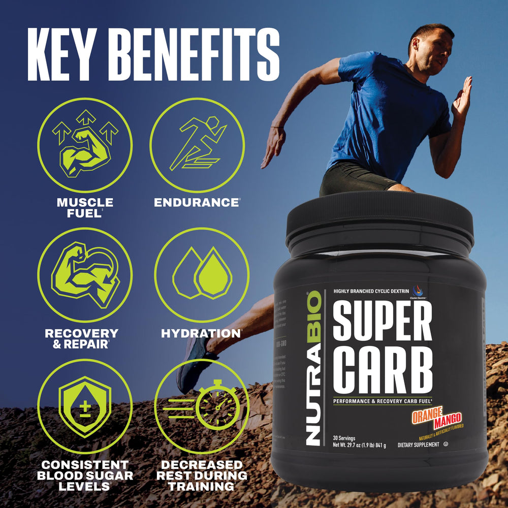 NutraBio Super Carb orange mango dissolving in water for steady fueling during training