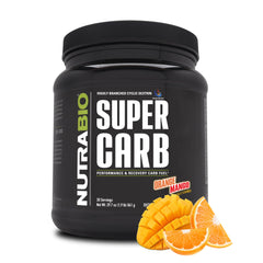 NutraBio Super Carb orange mango tub front, a ready-to-use energy source for workouts