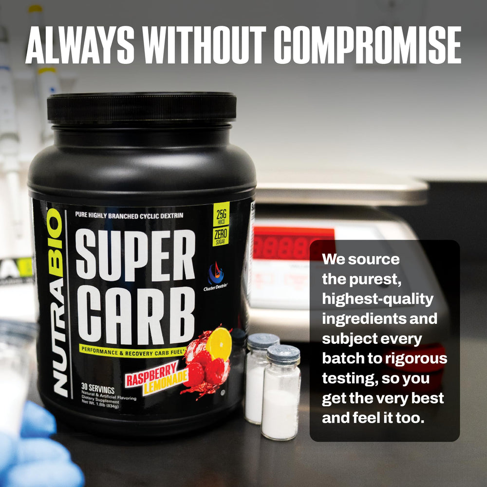 NutraBio Super Carb serving scoop illustrates convenient intra‑workout fueling.