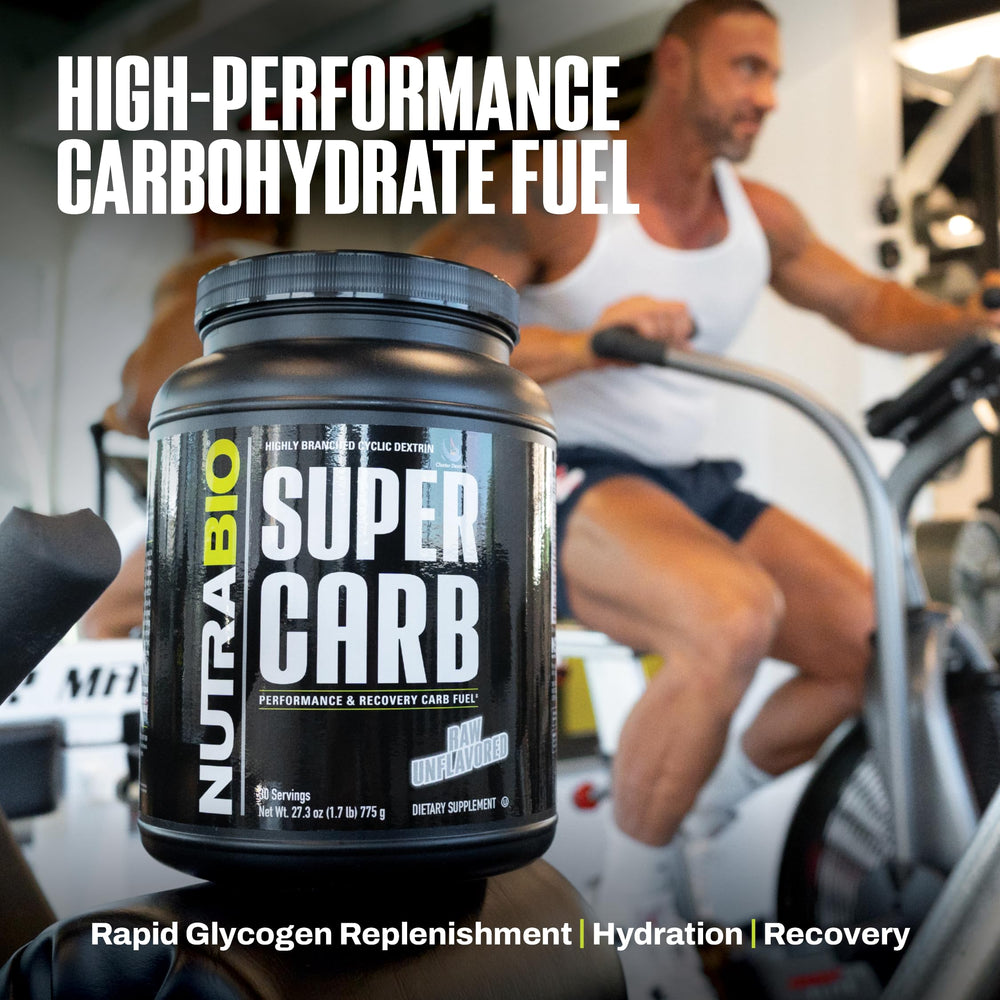 NutraBio Super Carb during workout scenario suggests flexible fueling options.