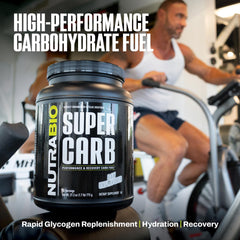 NutraBio Super Carb during workout scenario suggests flexible fueling options.