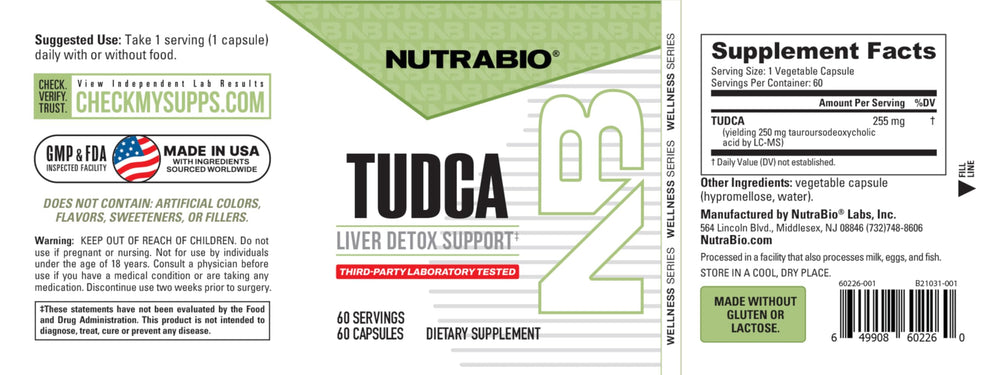 NutraBio Tudca serving depicted with water for daily intake.