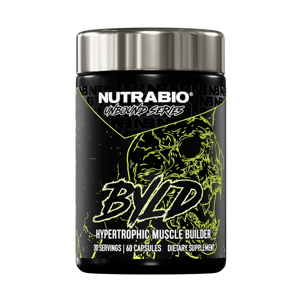 NutraBio Unbound BYLD bottle label showing muscle growth support.