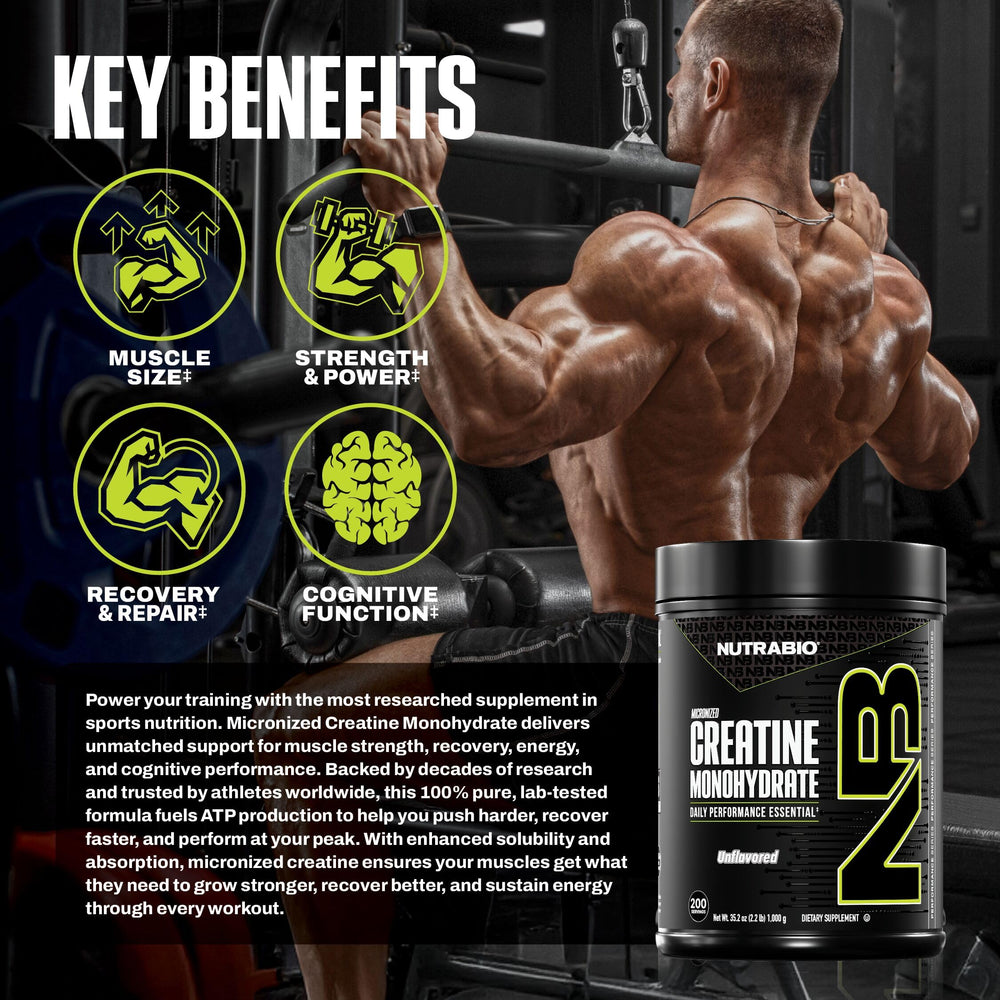NutraBio unflavored creatine powder close-up showing clean, odorless mix
