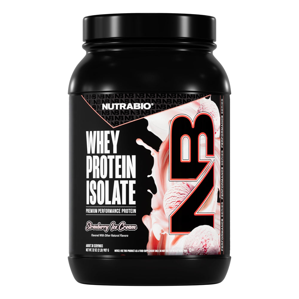 NutraBio 100% Whey Isolate bottle front shows premium protein for workouts