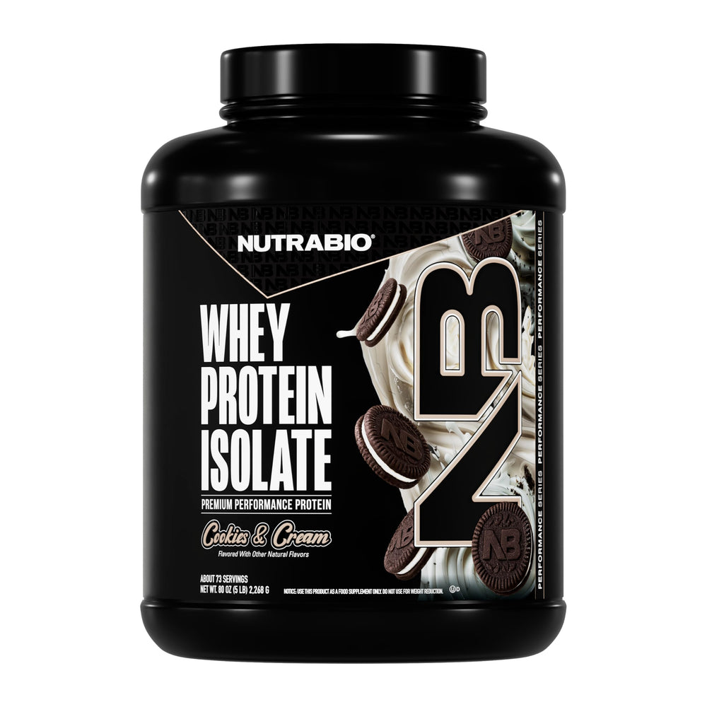 NutraBio Whey Isolate bottle pour for a quick post-workout protein boost.