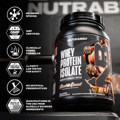 NutraBio Whey Isolate Chocolate Coconut glass with shake highlights flavor and texture.