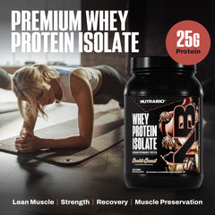 NutraBio Whey Isolate Chocolate Coconut packaging emphasizes non-GMO and gluten-free credentials.