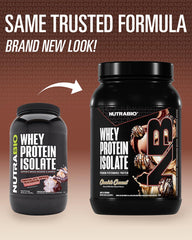 NutraBio Whey Isolate Chocolate Coconut scoop highlights convenient daily protein servings.