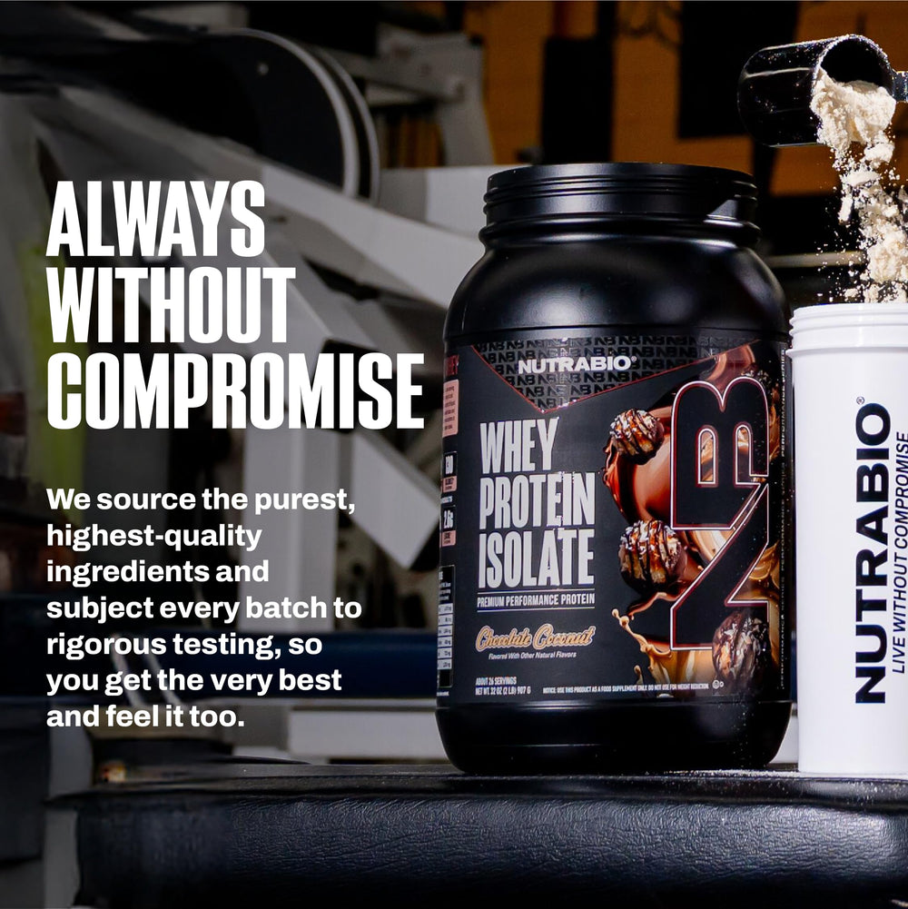 NutraBio 2 lb tub on kitchen counter signals value and convenience.