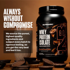 NutraBio whey isolate serving with glass and protein shake showing convenient daily routine