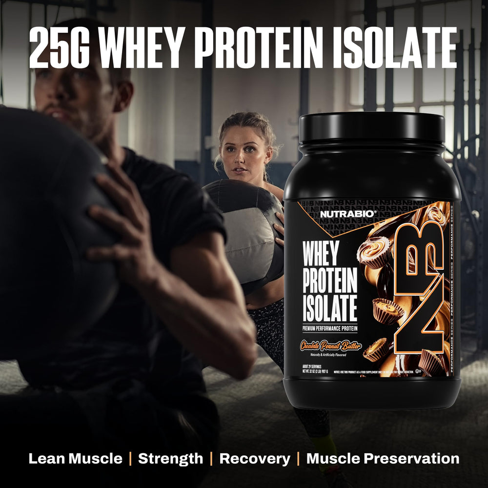 NutraBio whey isolate powder in a mixing bowl with spoon for delicious shake