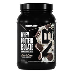 NutraBio 100% Whey Isolate cookies & cream bottle for post-workout fueling.