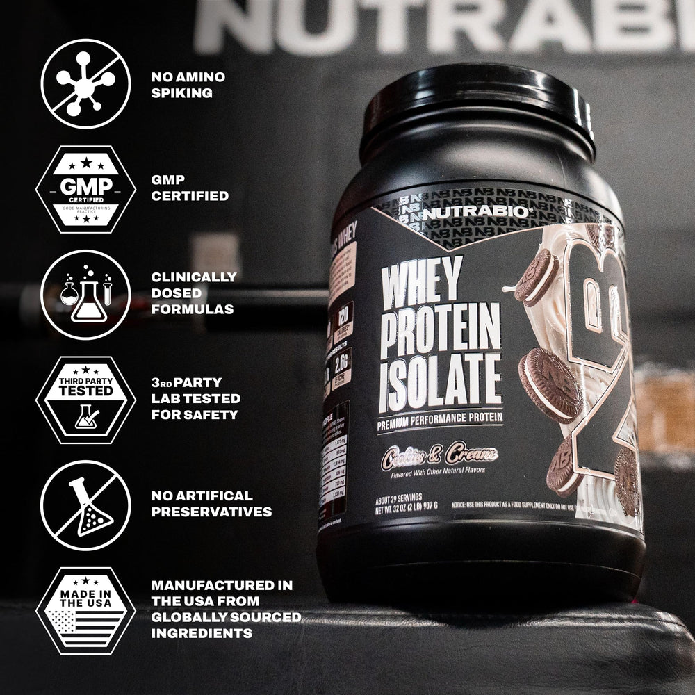 NutraBio cookies & cream powder beside milk, a tasty post-workout option.
