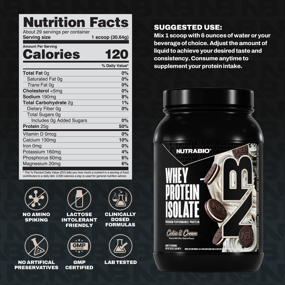 NutraBio cookies & cream powder on glass with spoon for daily protein boost.