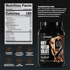 NutraBio whey isolate scoop with powder ready to mix for quick protein.