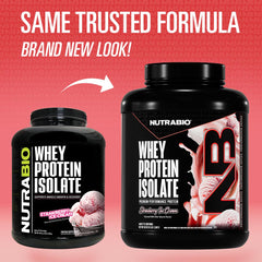 NutraBio whey isolate scoop emphasizes easy portioning for quick, protein-rich shakes.