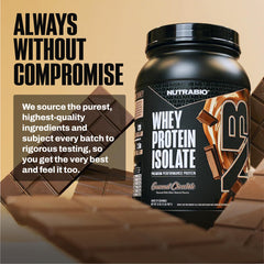 NutraBio whey isolate serving cup beside shaker for daily protein boost.