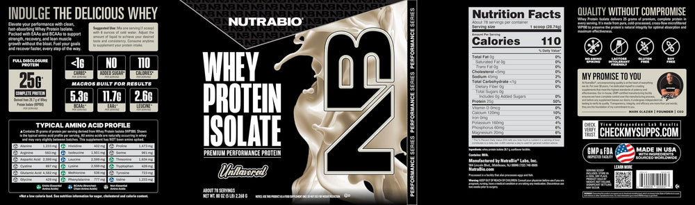 NutraBio Whey Isolate unflavored powder ready to blend into beverages.