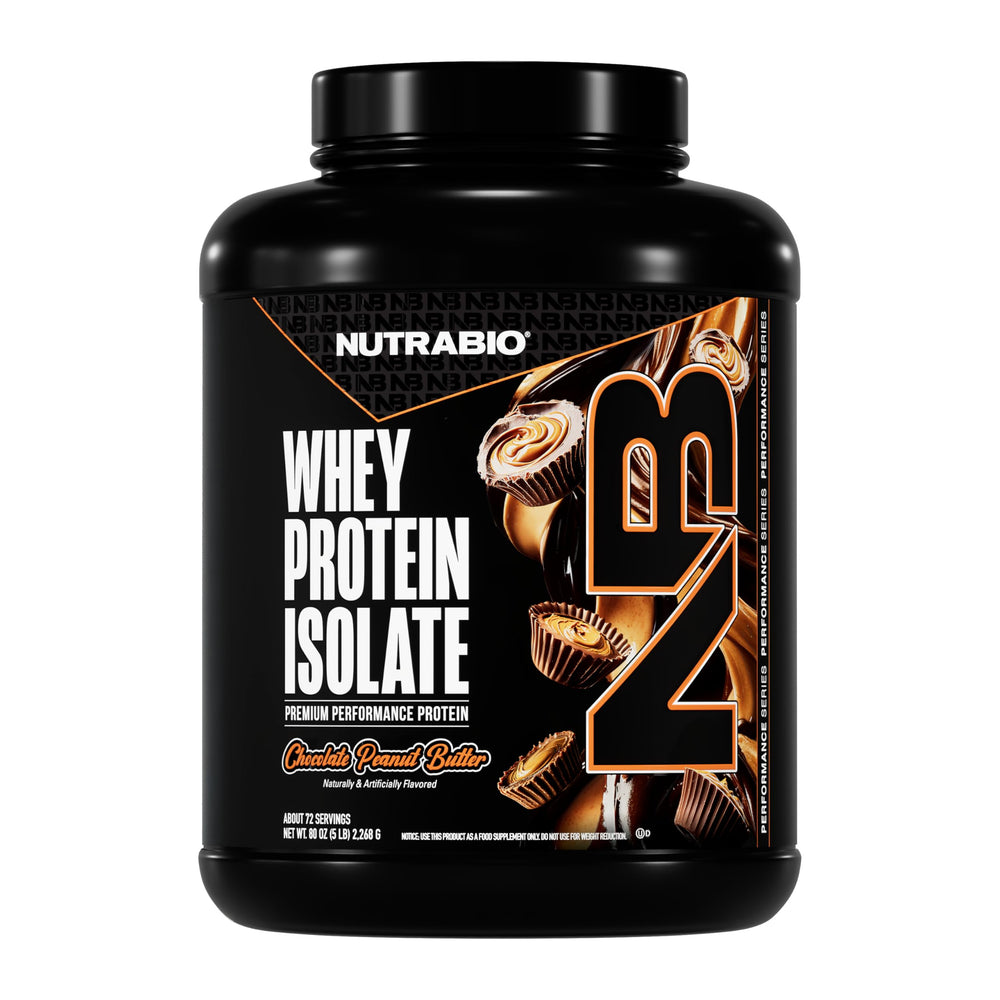 NutraBio whey protein isolate Chocolate Peanut Butter scoop showing 25g protein per serving