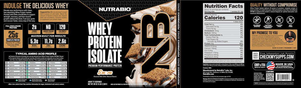 NutraBio Whey Protein Isolate label close-up showing Non-GMO and gluten-free attributes