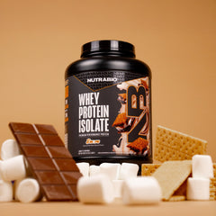 NutraBio Whey Protein Isolate shake in a glass, ready for a S'mores flavored drink