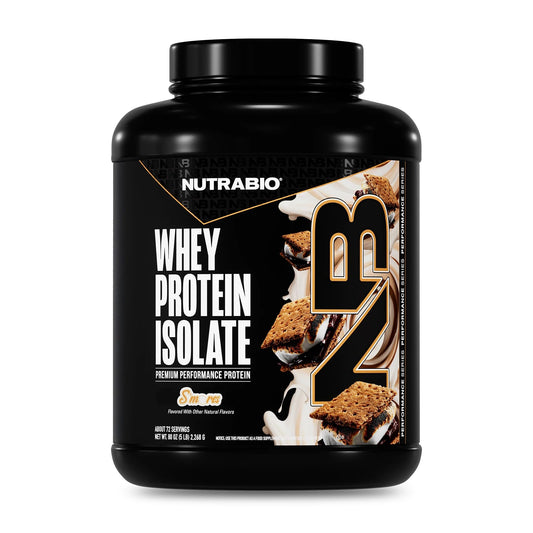 NutraBio Whey Protein Isolate tub close-up highlighting premium protein for post-workout recovery