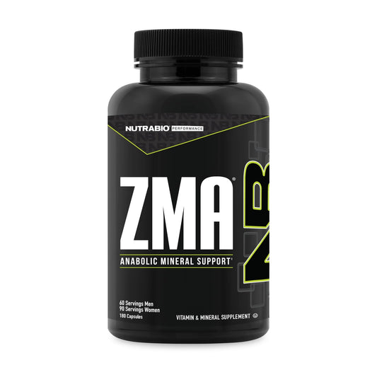 NutraBio ZMA bottle front shows branding and dosage for athletes seeking mineral support.