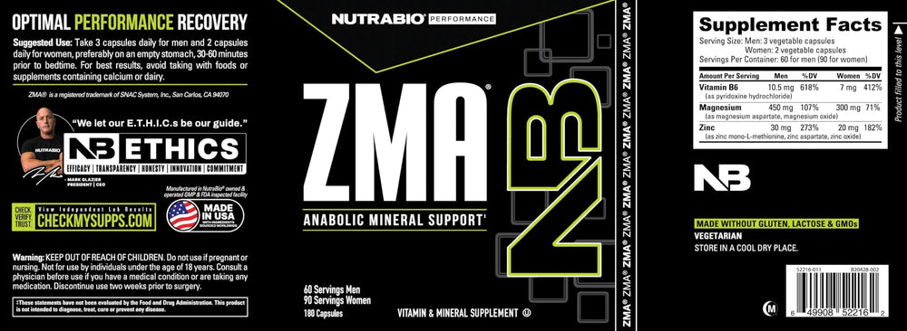 NutraBio ZMA label details verify zinc, magnesium, and B6 per serving.