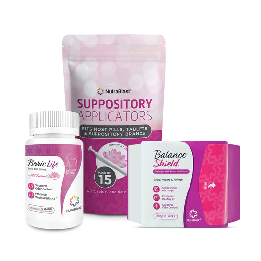 NutraBlast boric acid suppositories packaging for nightly use.