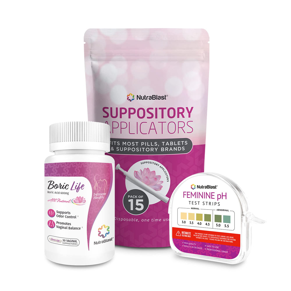 NutraBlast boric suppositories 600mg 30-count box for discreet nightly use.