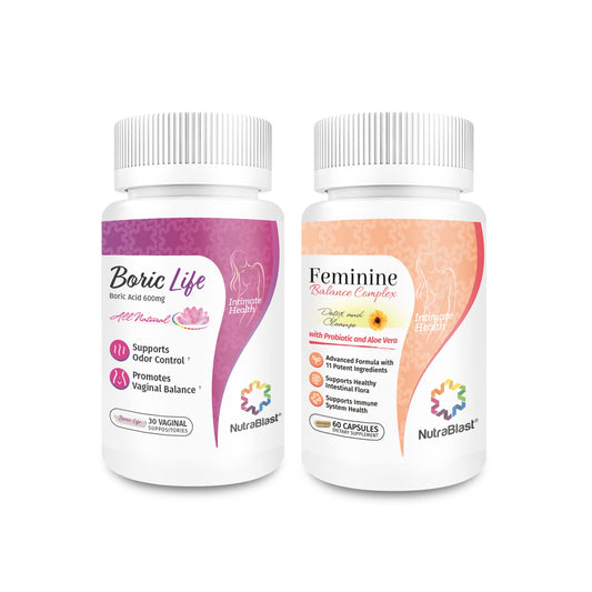 NutraBlast boric acid suppositories 600mg packshot for intimate balance support.
