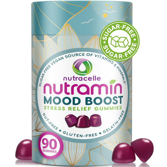 Nutracelle Nutramin Mood Boost bottle pouring gummies to promote calm focus.
