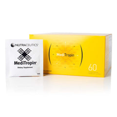 Nutraceutics Meditropin bottle and sachets on a clean countertop, supporting balance and daily wellness.
