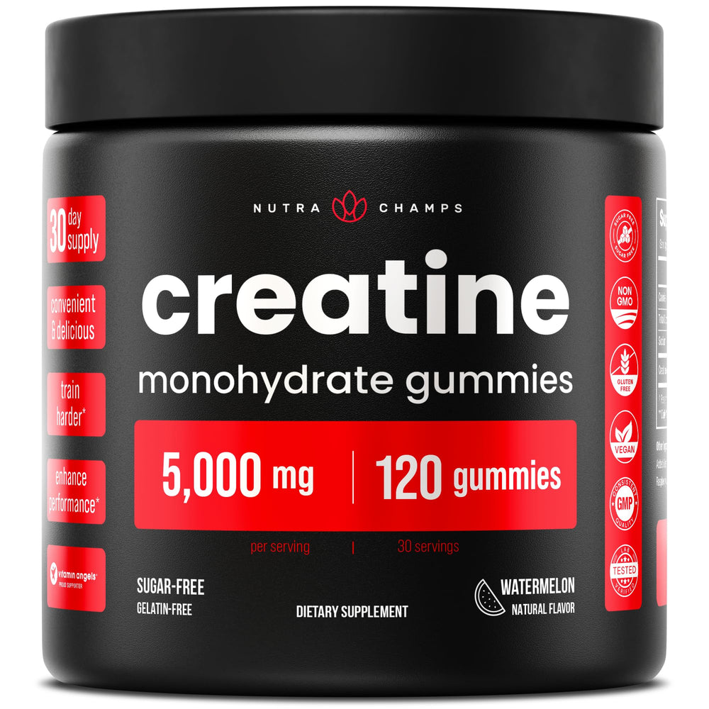 NutraChamps Creatine Gummies 5g serving for convenient gym performance support.