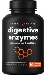 NutraChamps Digestive Enzymes bottle; convenient vegan capsules for daily digestion support.