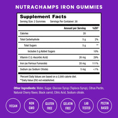 NutraChamps bottle closeup highlighting vitamin C for easier iron absorption.