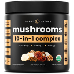 NutraChamps organic mushroom powder bottle front for daily focus.