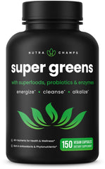 NutraChamps Organic Super Greens bottle shows convenient daily capsules for on-the-go nutrition.